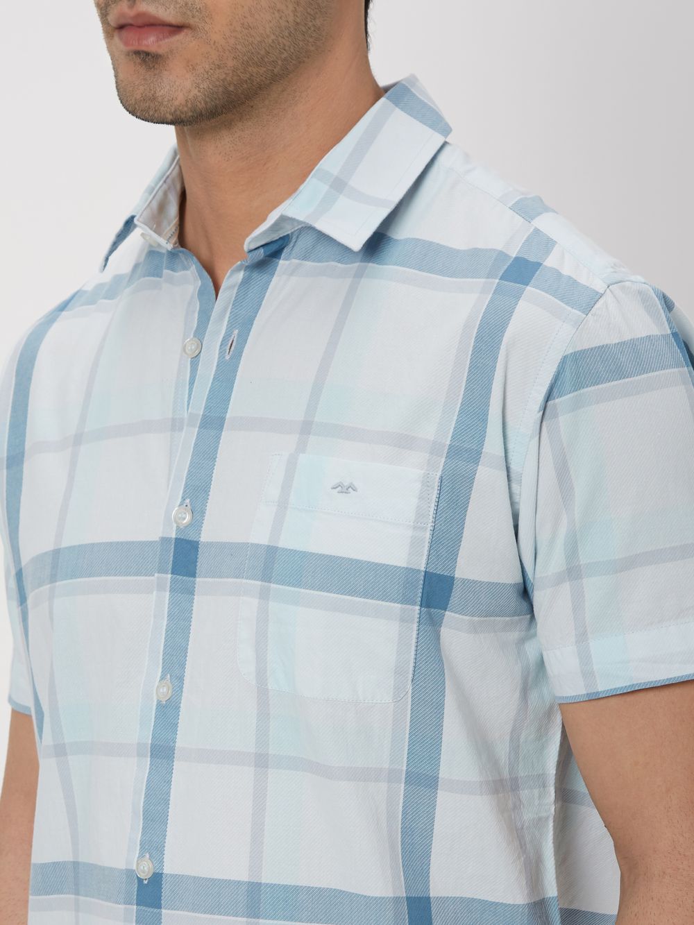 Light Blue Windowpane Check Slim Fit Casual Shirt