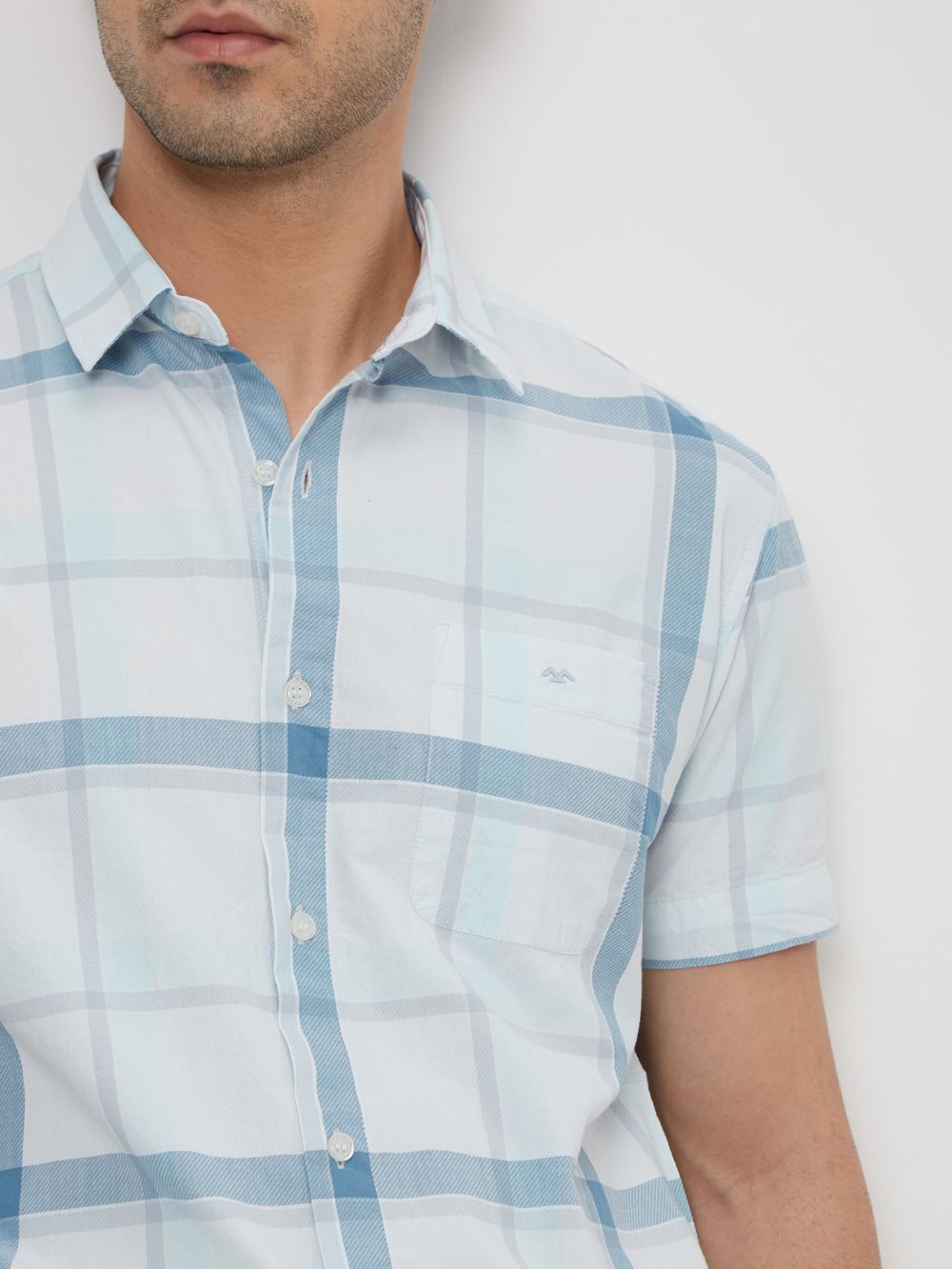 Light Blue Windowpane Check Slim Fit Casual Shirt