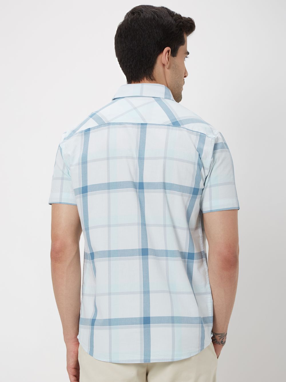 Light Blue Windowpane Check Slim Fit Casual Shirt