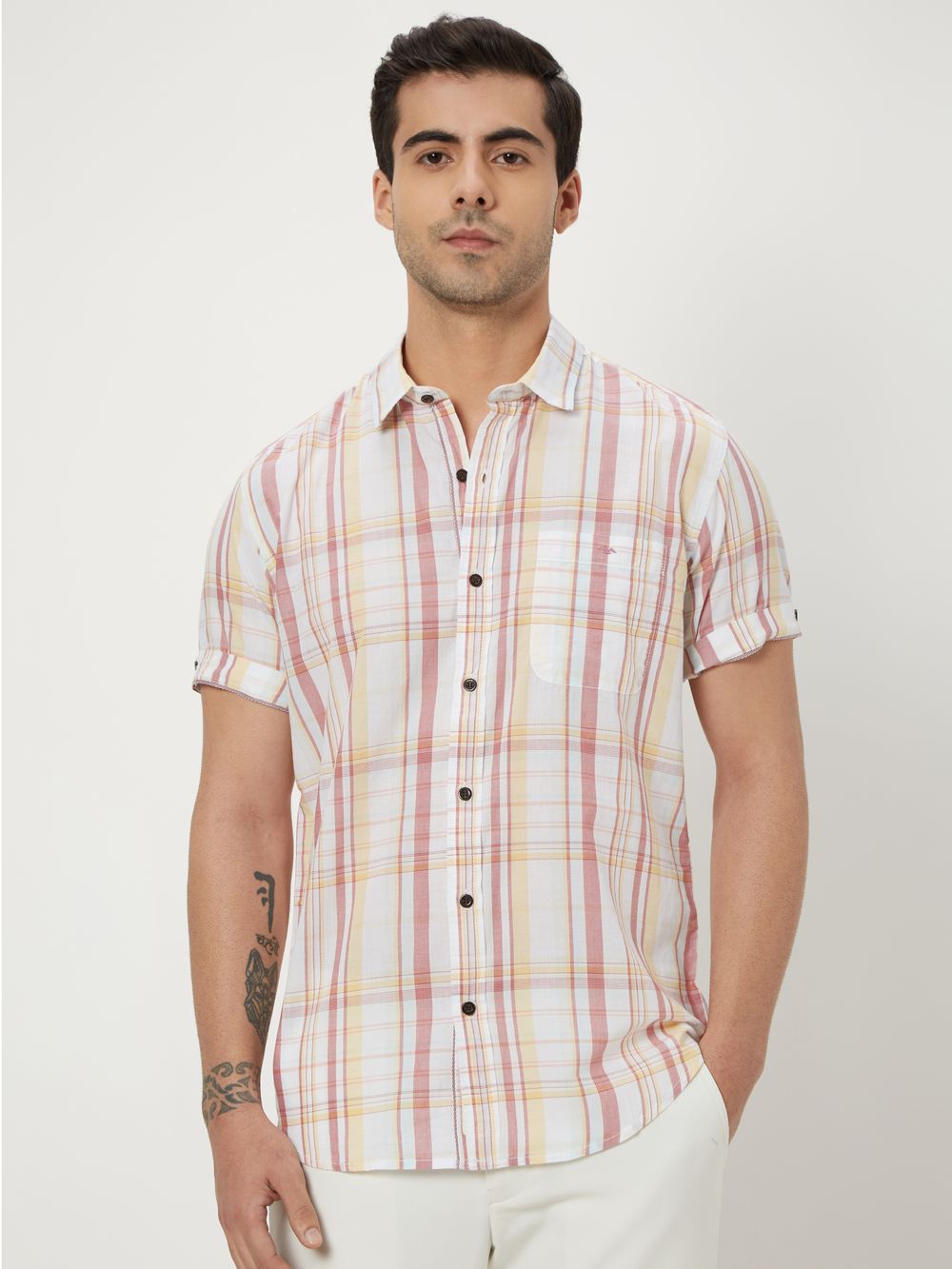 White Large Check Slim Fit Casual Shirt