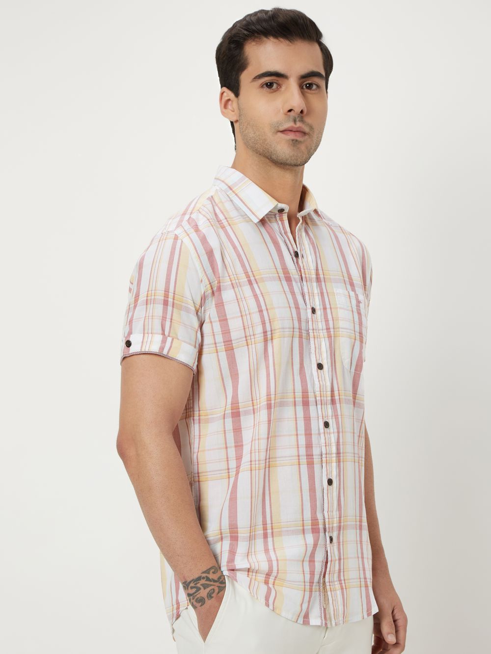 White Large Check Slim Fit Casual Shirt