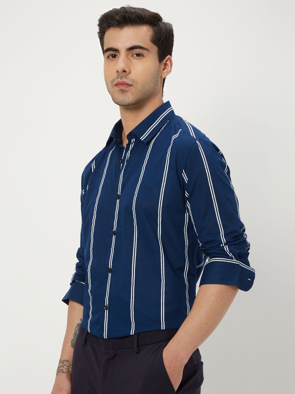 Navy Printed Stripe Slim Fit Casual Shirt