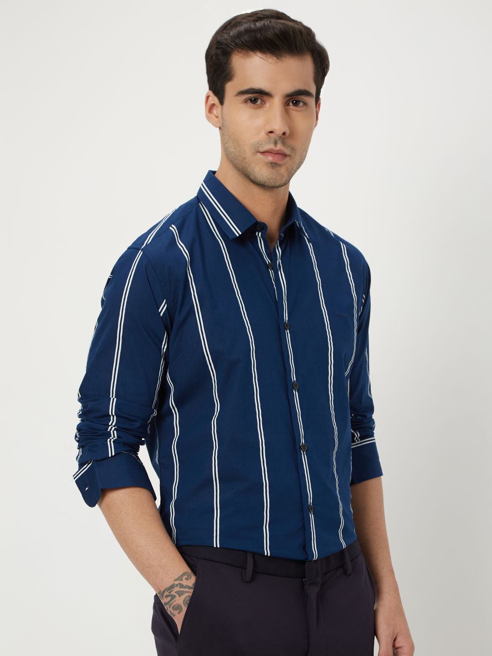 Navy Printed Stripe Slim Fit Casual Shirt