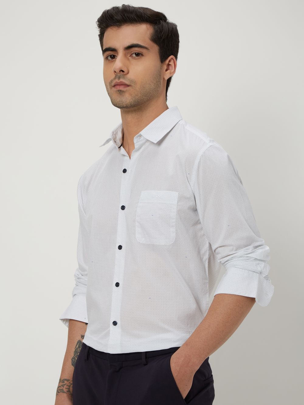 White Micro Print Slim Fit Casual Shirt