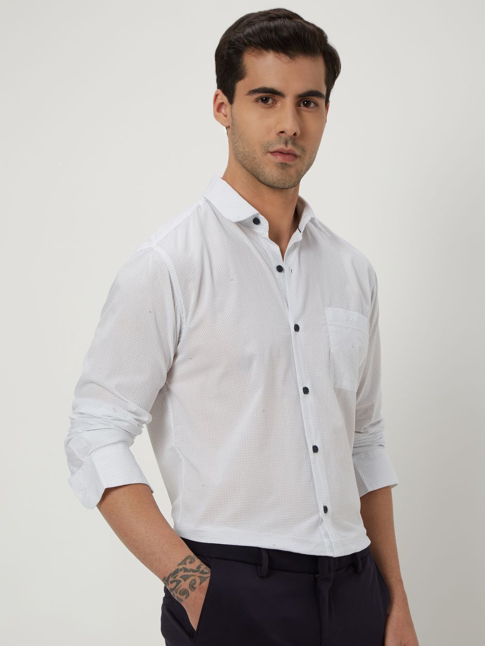 White Micro Print Slim Fit Casual Shirt