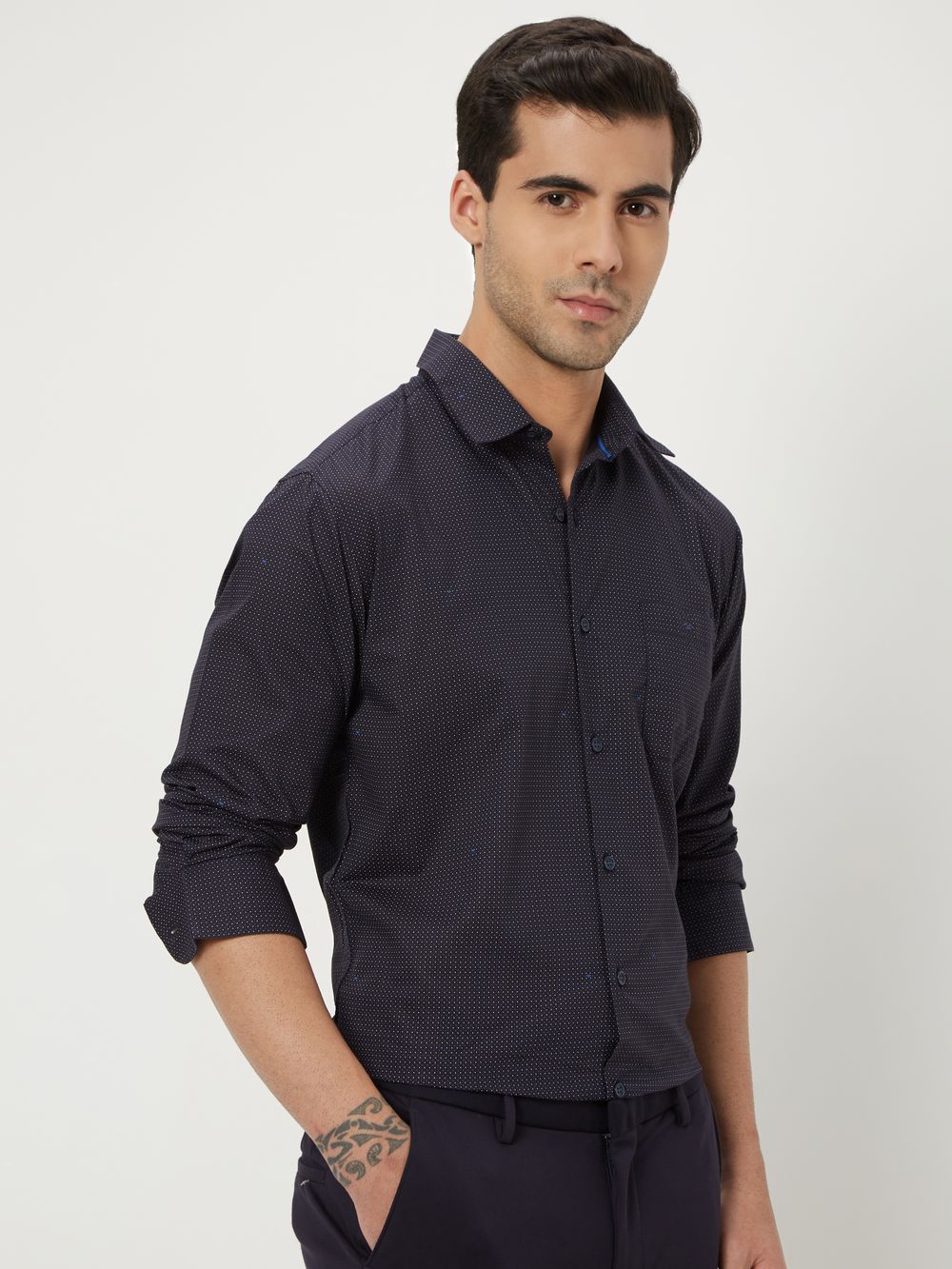 Navy Micro Print Slim Fit Casual Shirt