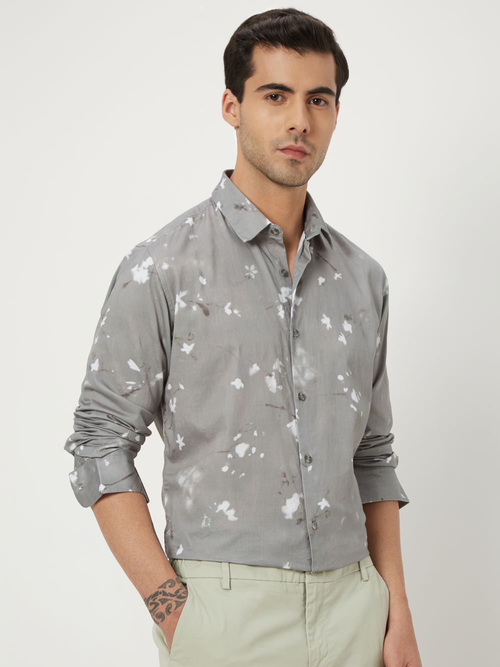 Grey Digital Print Slim Fit Casual Shirt