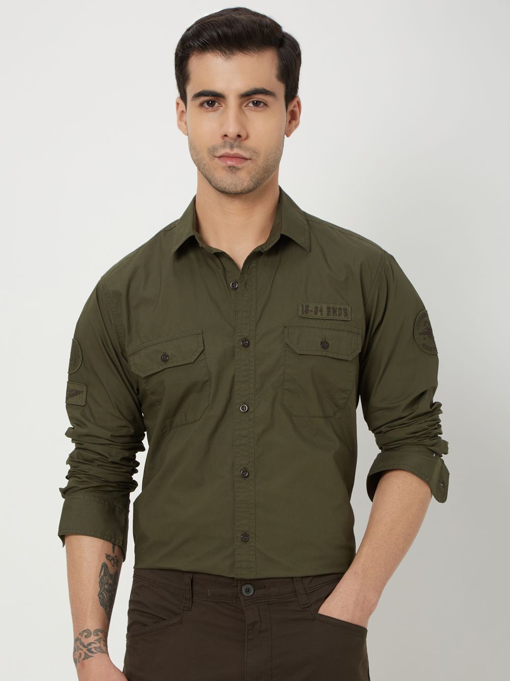 Olive Badged Plain Shirt