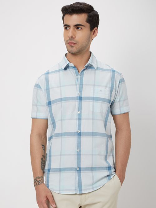 Light Blue Windowpane Check Slim Fit Casual Shirt