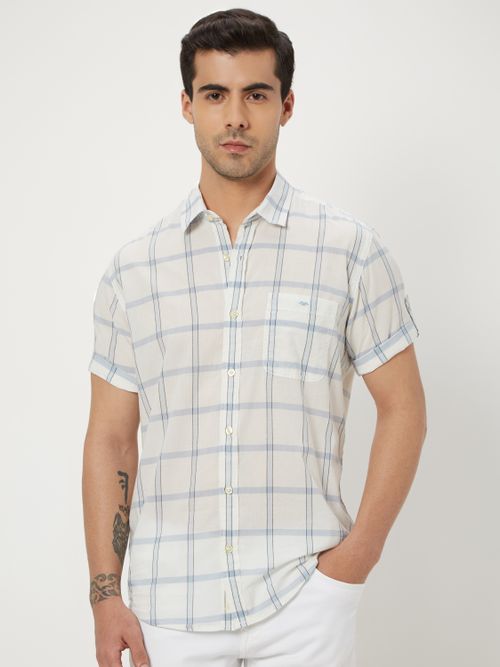 Blue Windowpane Check Slim Fit Casual Shirt