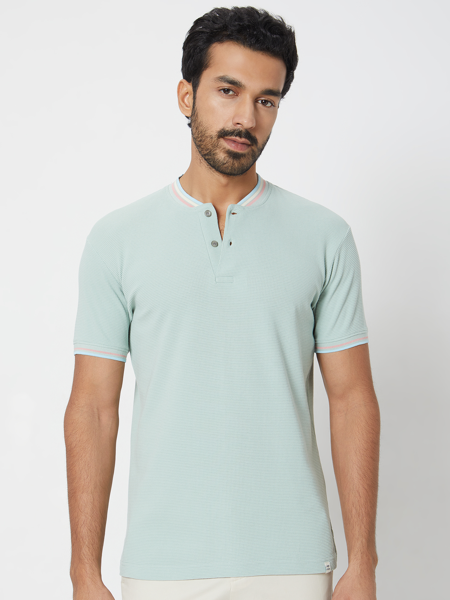 Buy Light Green Textured Tipped Collar Slim Fit Henley T shirt Online at Muftijeans