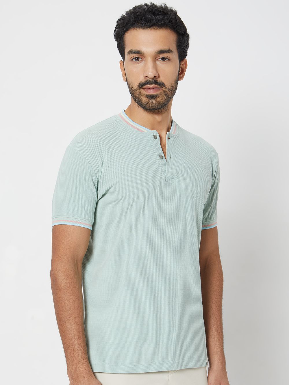 Light Green Textured Tipped Collar Slim Fit Henley T-Shirt