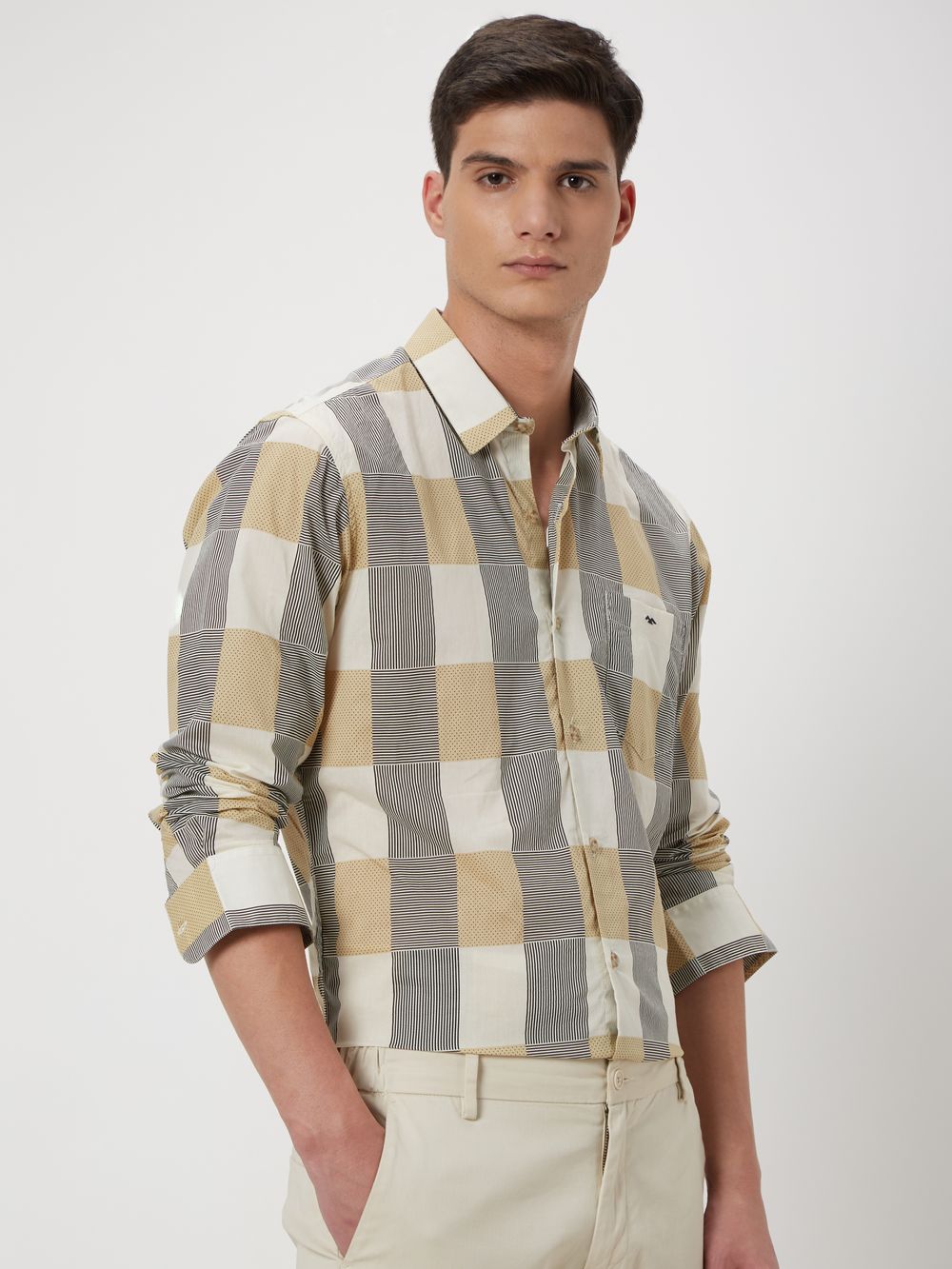 Beige Printed Check Lightweight Shirt