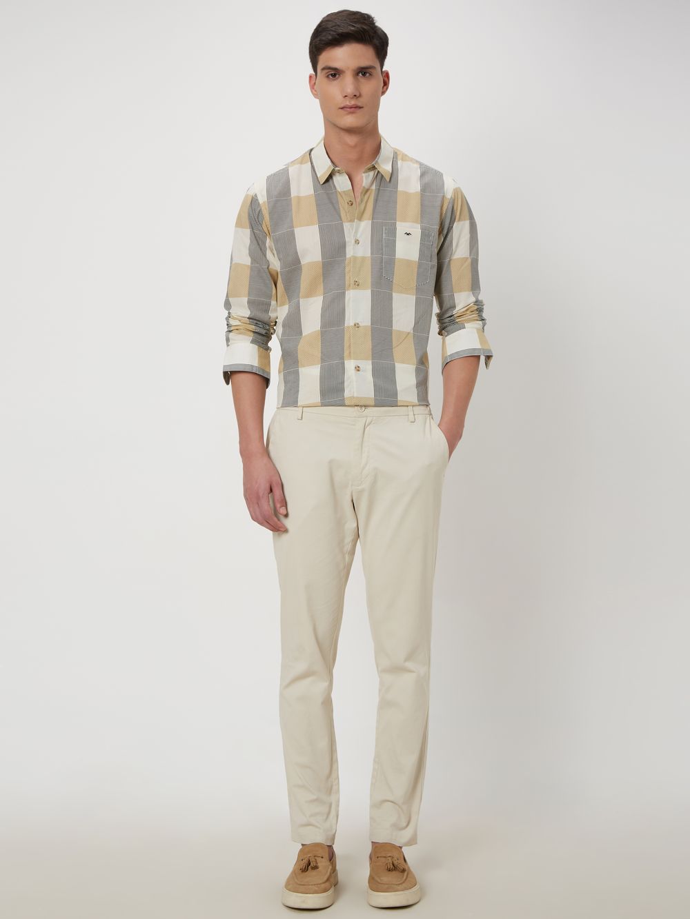 Beige Printed Check Lightweight Shirt