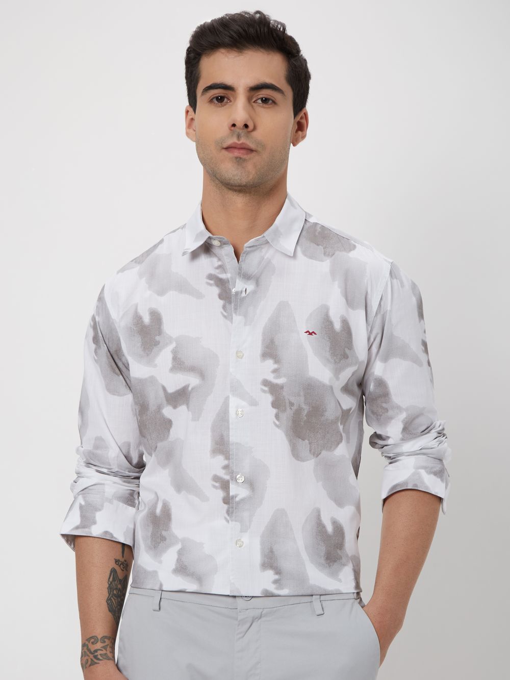 Light Grey & White Tonal Print Slub Shirt