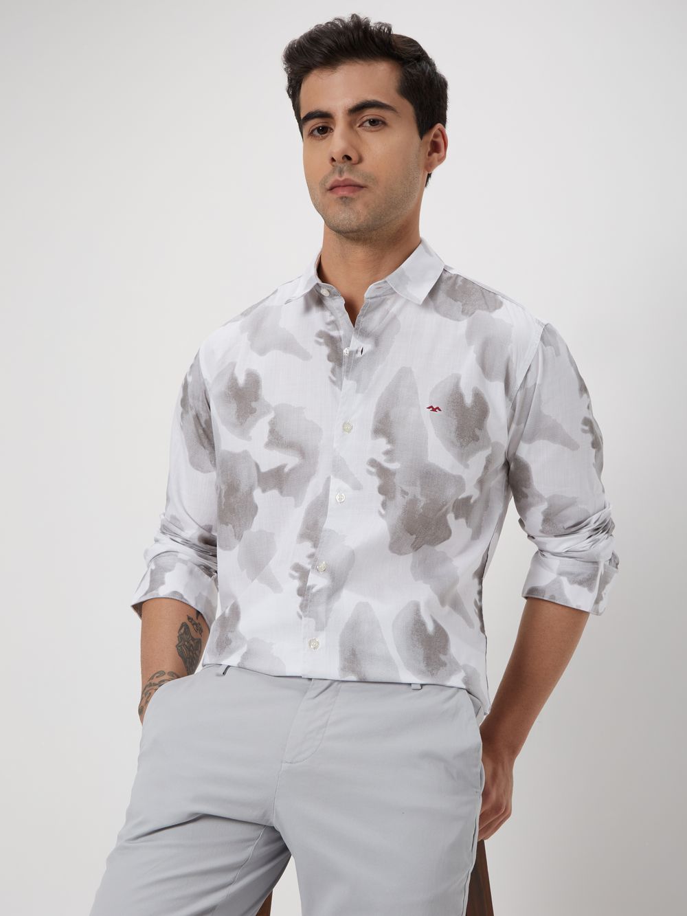 Light Grey & White Tonal Print Slub Shirt