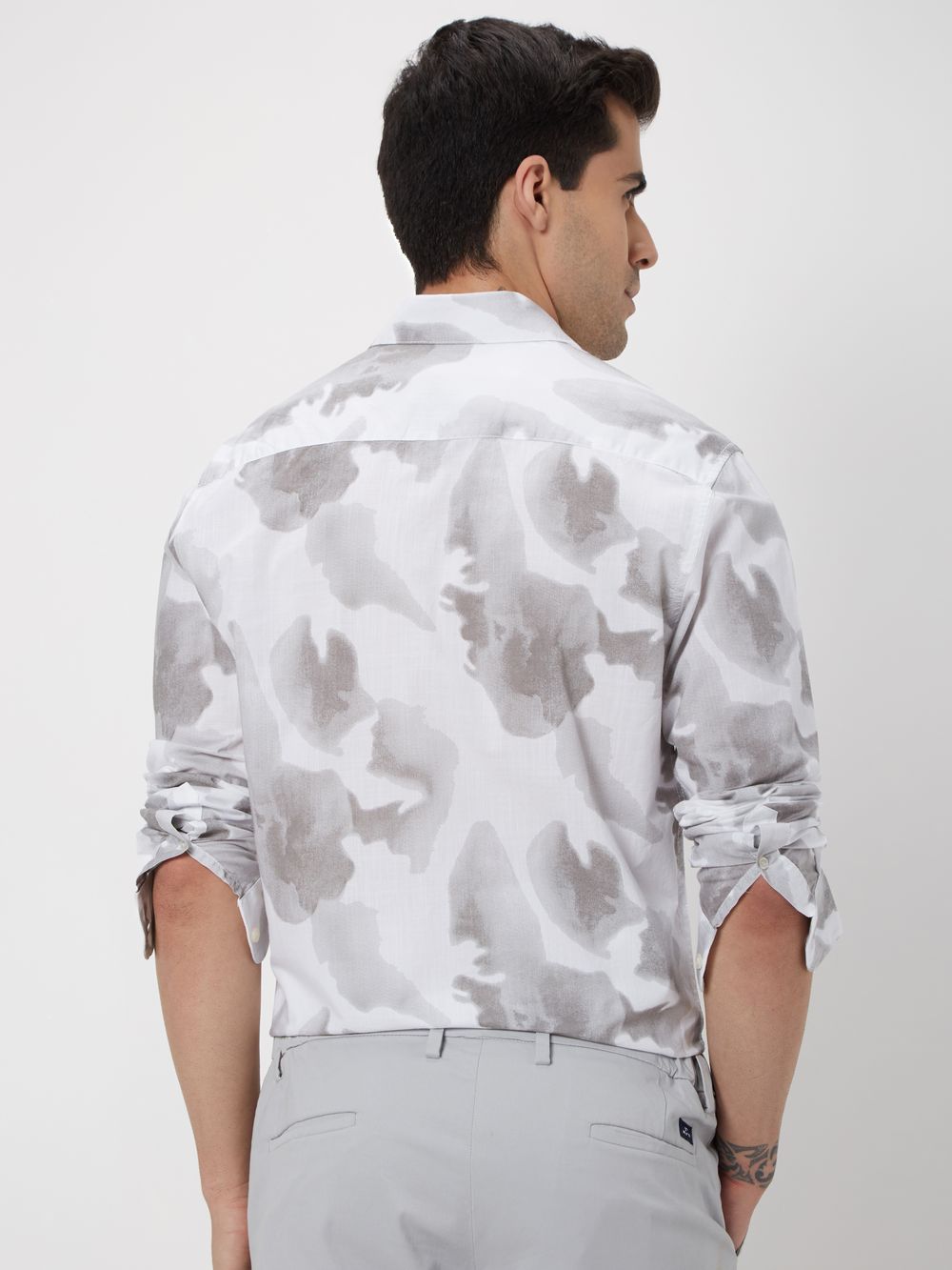 Light Grey & White Tonal Print Slub Shirt