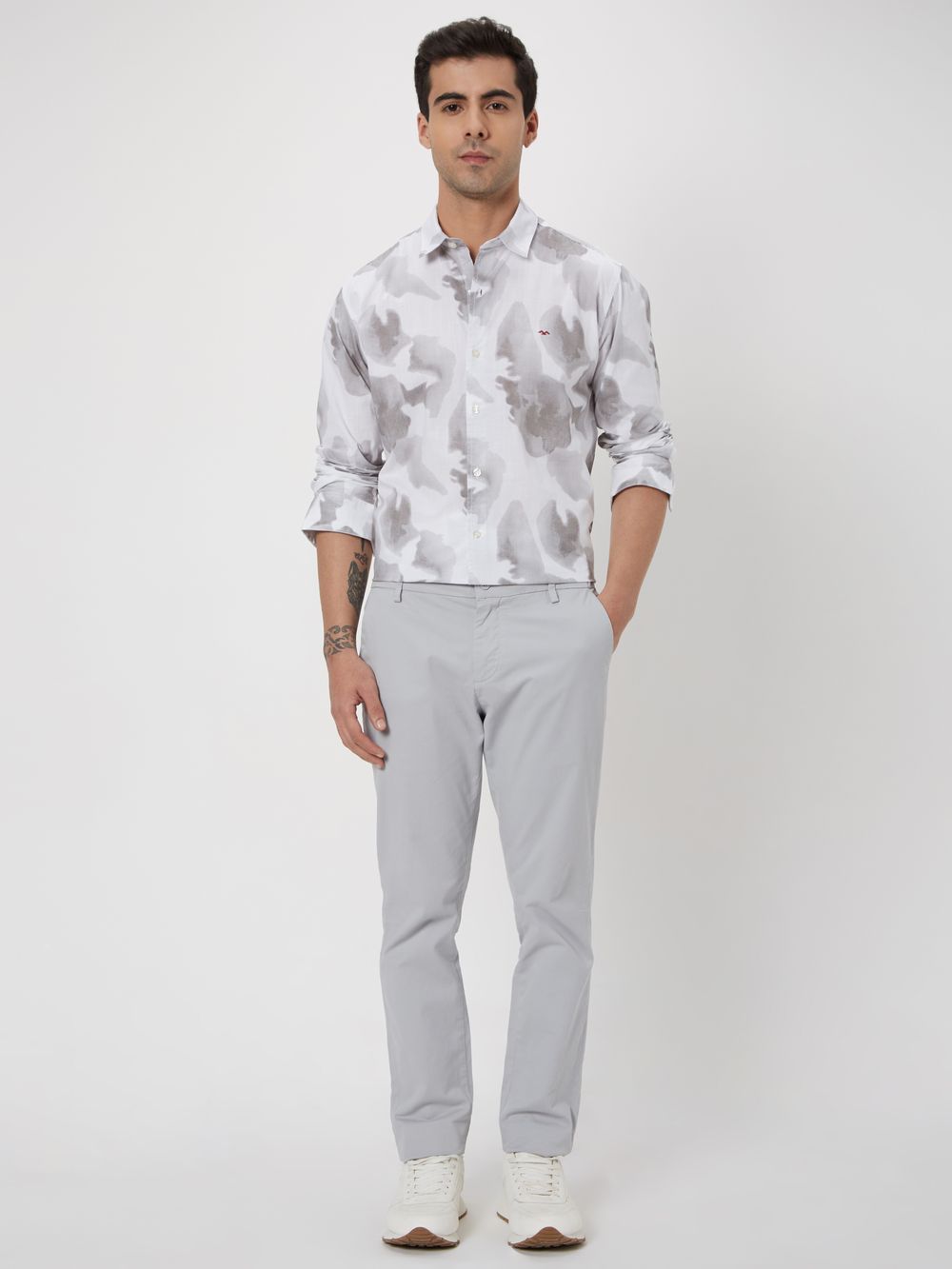 Light Grey & White Tonal Print Slub Shirt
