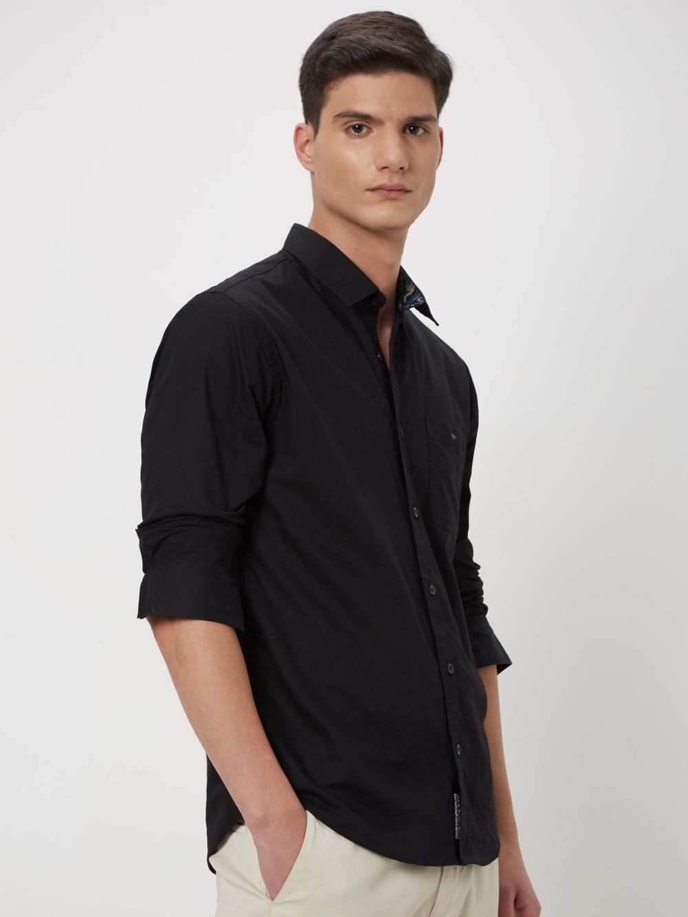 Black Cotton Linen Plain Shirt 