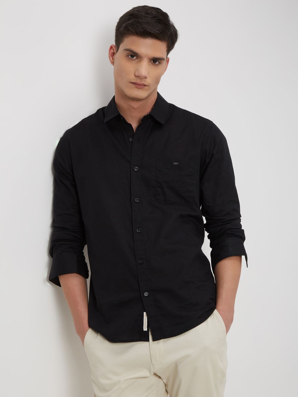 Black Cotton Linen Plain Shirt 