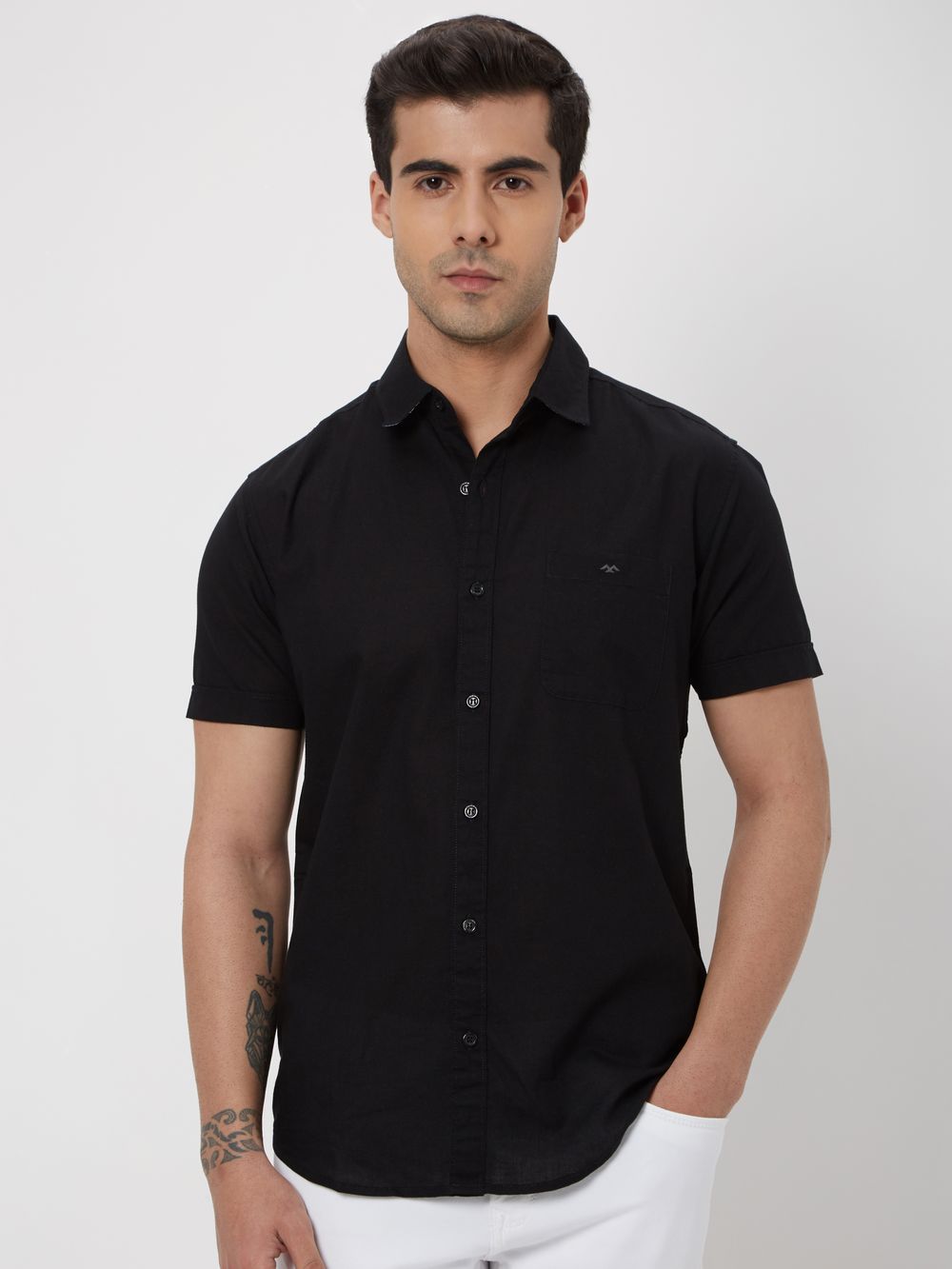 Black Cotton Linen Plain Shirt