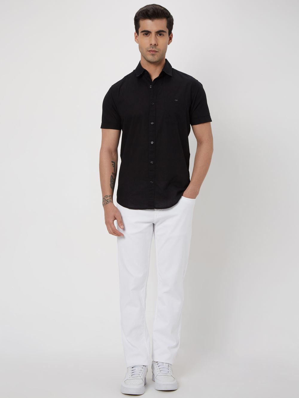 Black Cotton Linen Plain Shirt