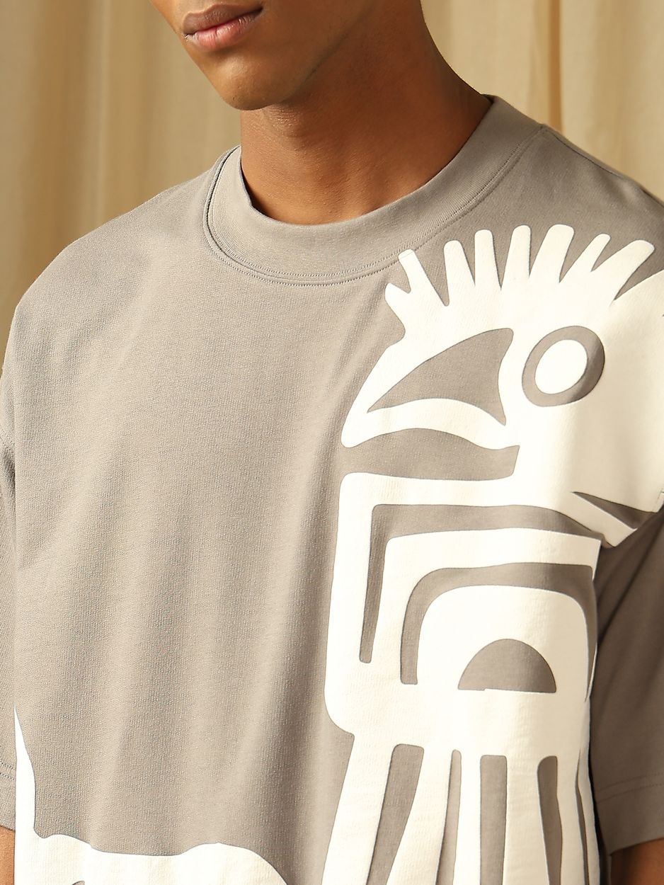 Grey Puff Print Oversized Loose Fit Jersey Tee