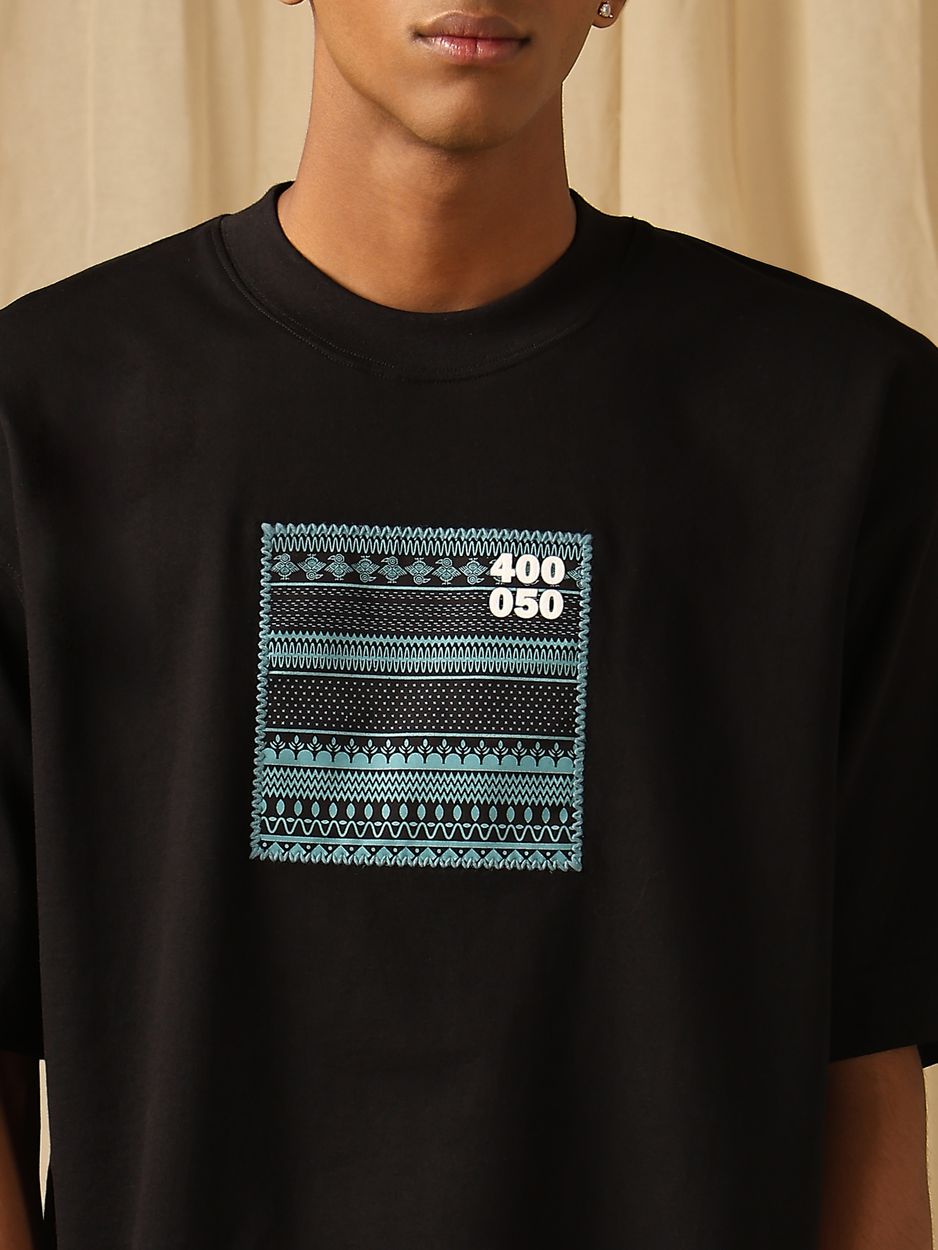 Black Chest Print Oversized Loose Fit Jersey Tee
