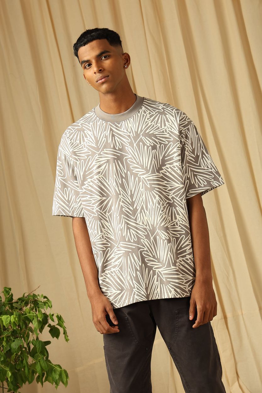 Grey Printed Oversized Loose Fit Jersey Tee