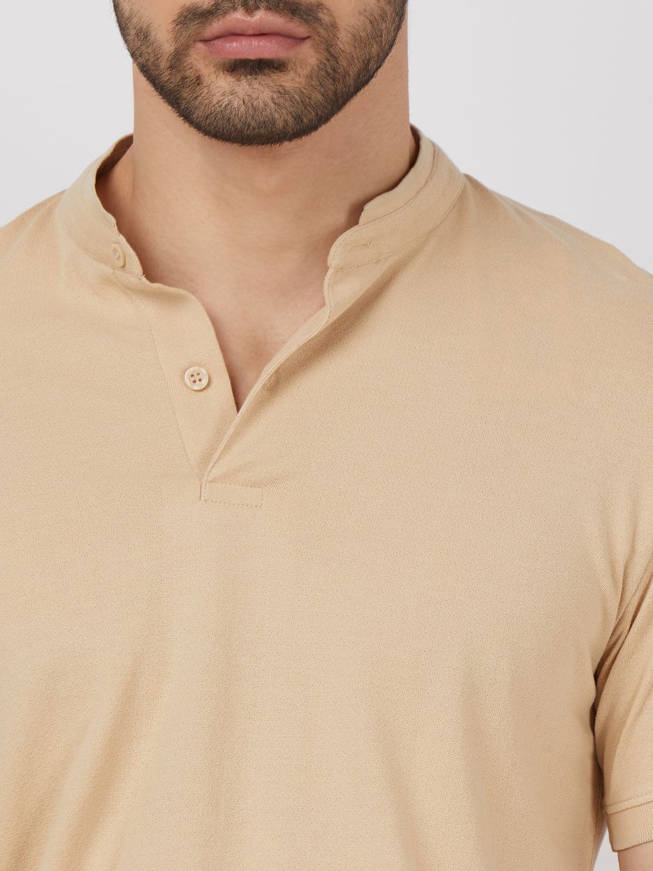 Beige Textured Plain Half Sleeve Casual Henley