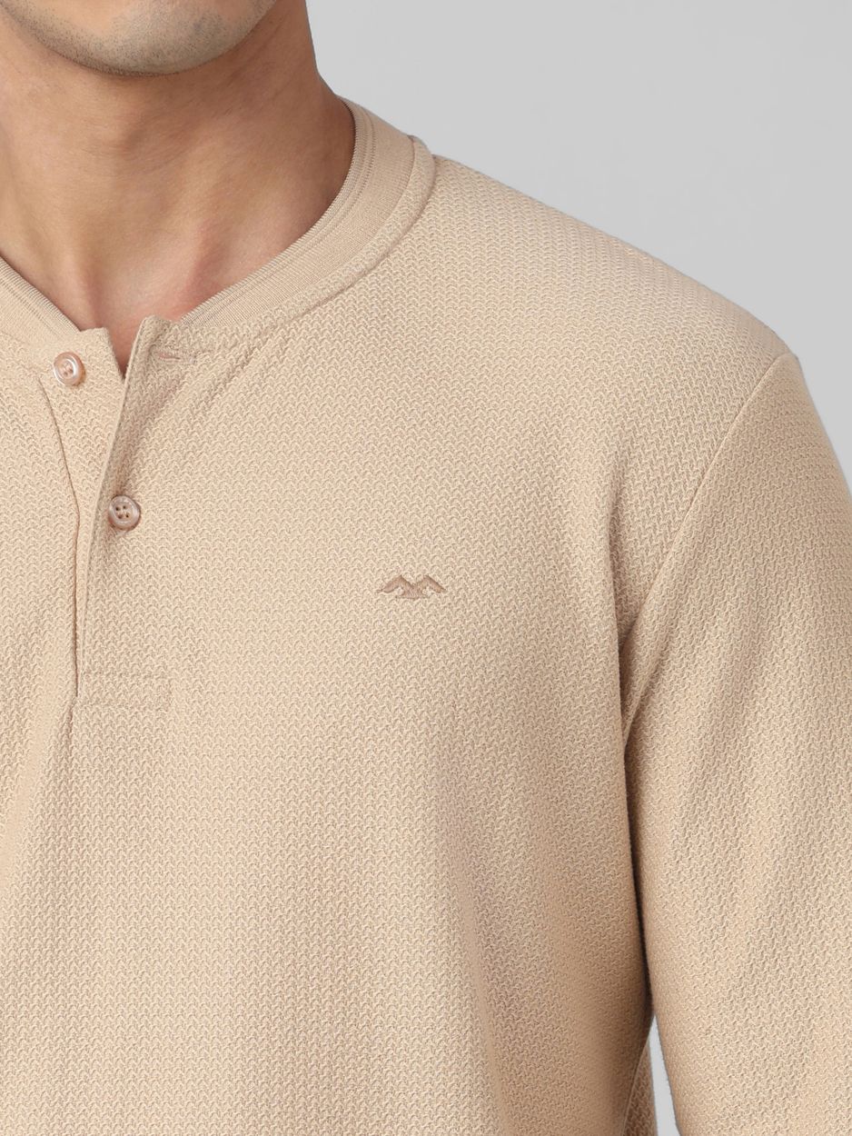 Beige Textured Plain Full Sleeve Casual T-Shirt