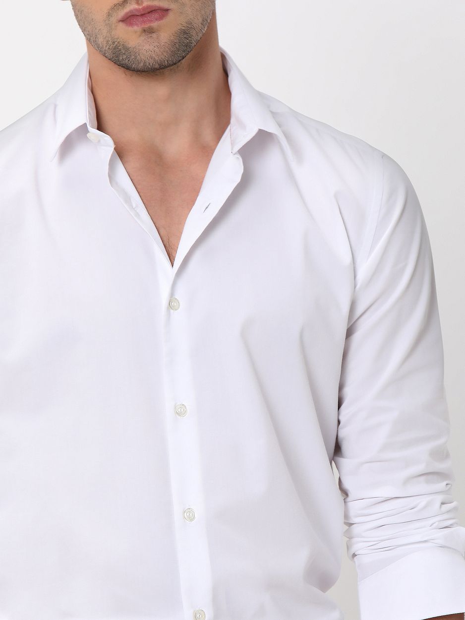 White Stretch Plain Slim Fit Casual Shirt