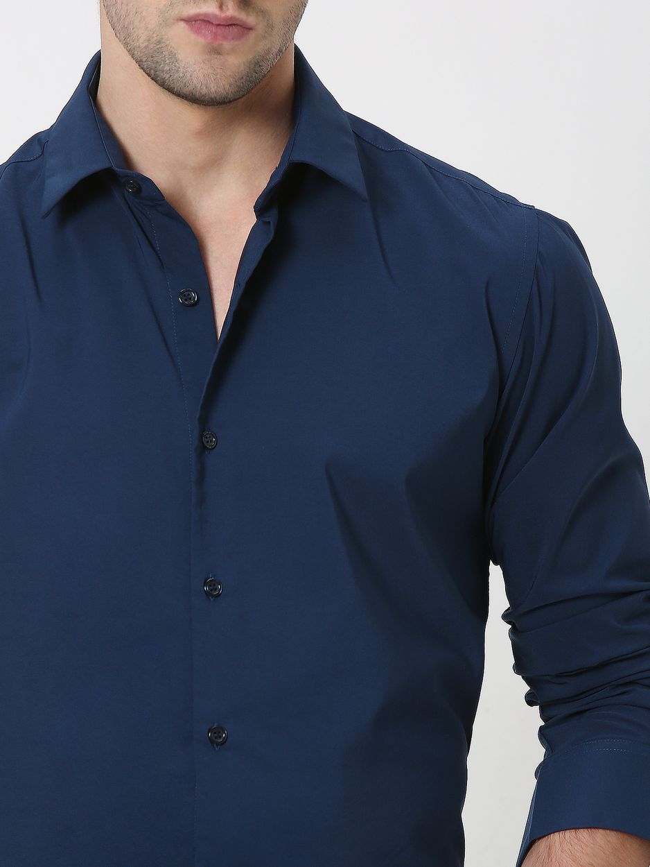 Navy Stretch Plain Slim Fit Casual Shirt