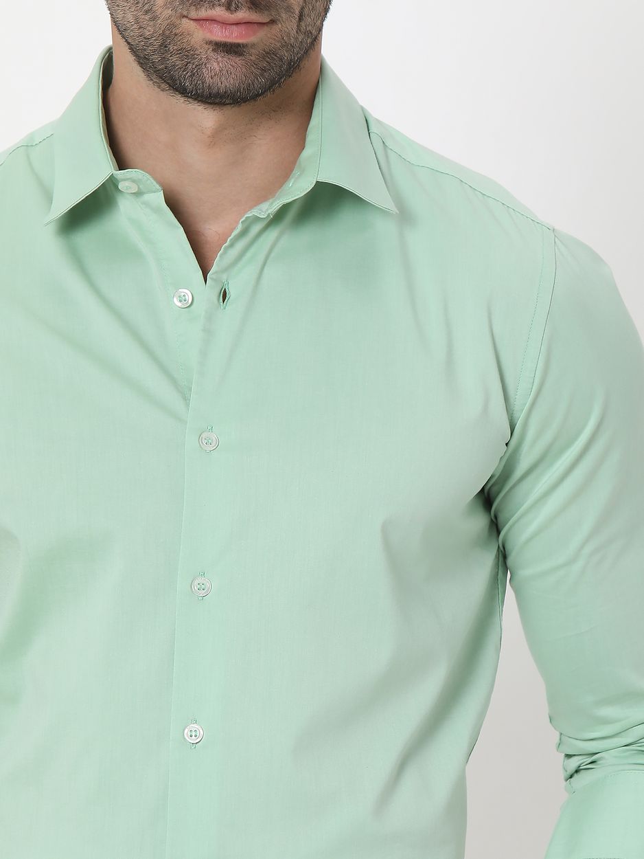 Light Green Stretch Plain Slim Fit Casual Shirt