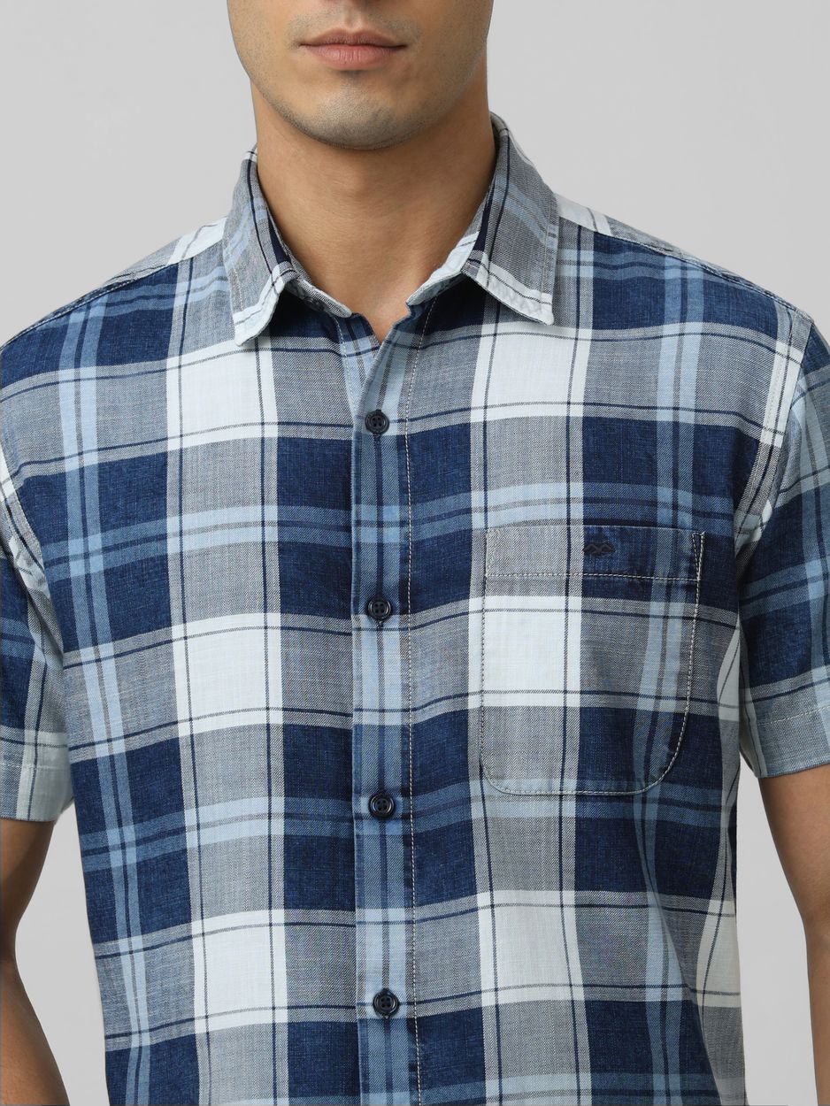 Indigo Blue Denim Check Slim Fit Casual Shirt