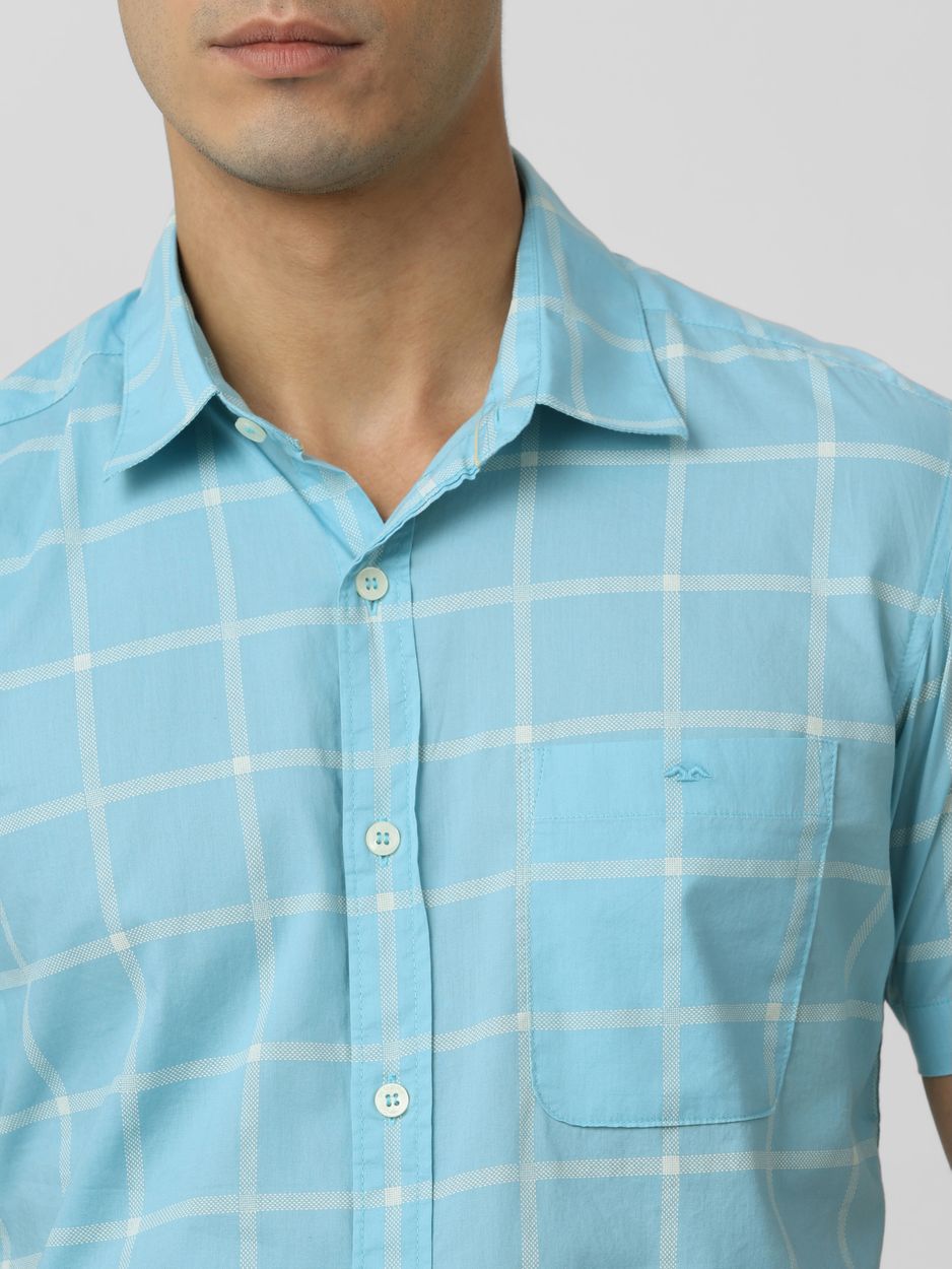 Turquoise Windowpane Check Slim Fit Casual Shirt