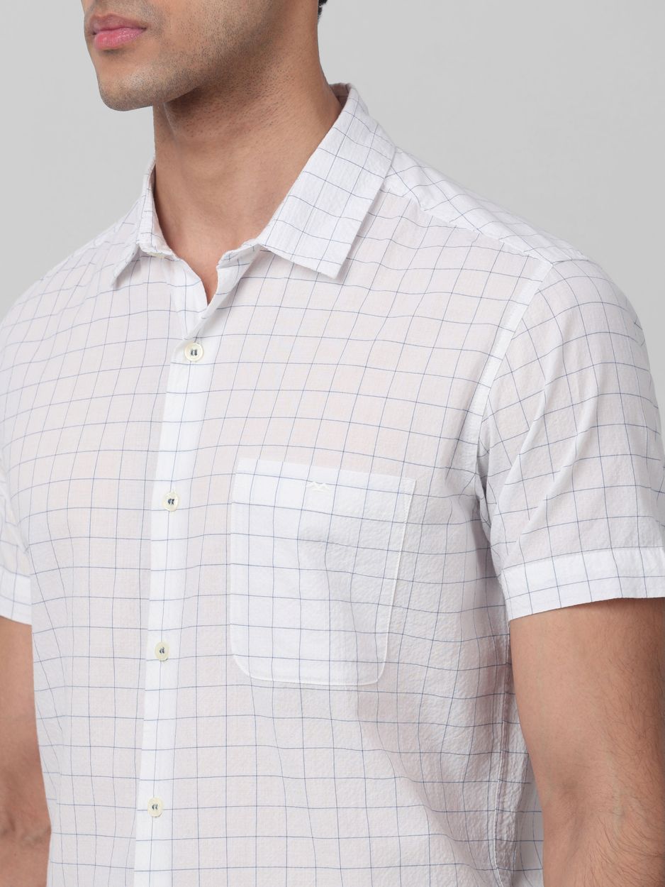 White Textured Check Slim Fit Casual Shirt