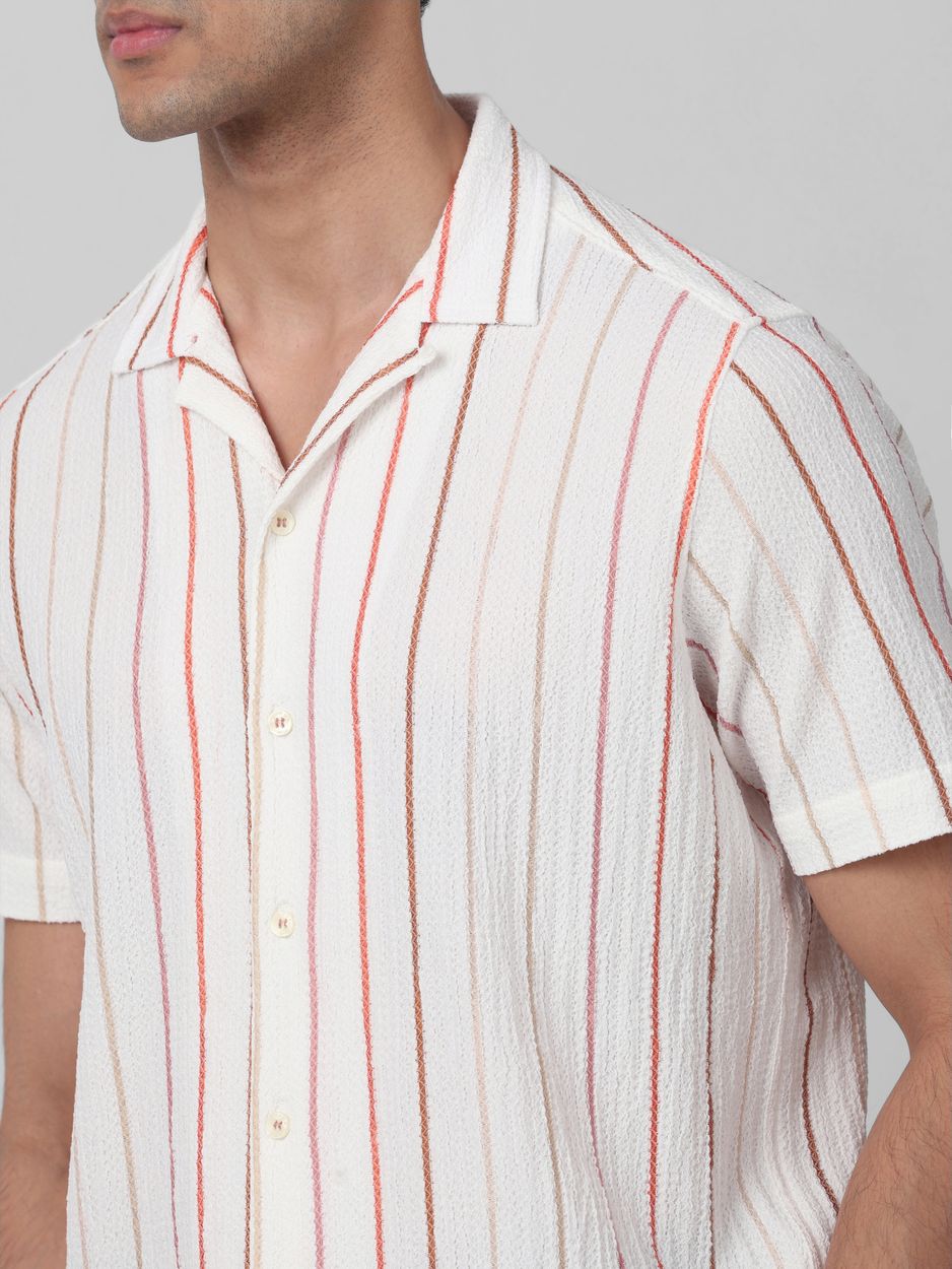 White Textured Stripe Relaxed Fit Casual Shirt