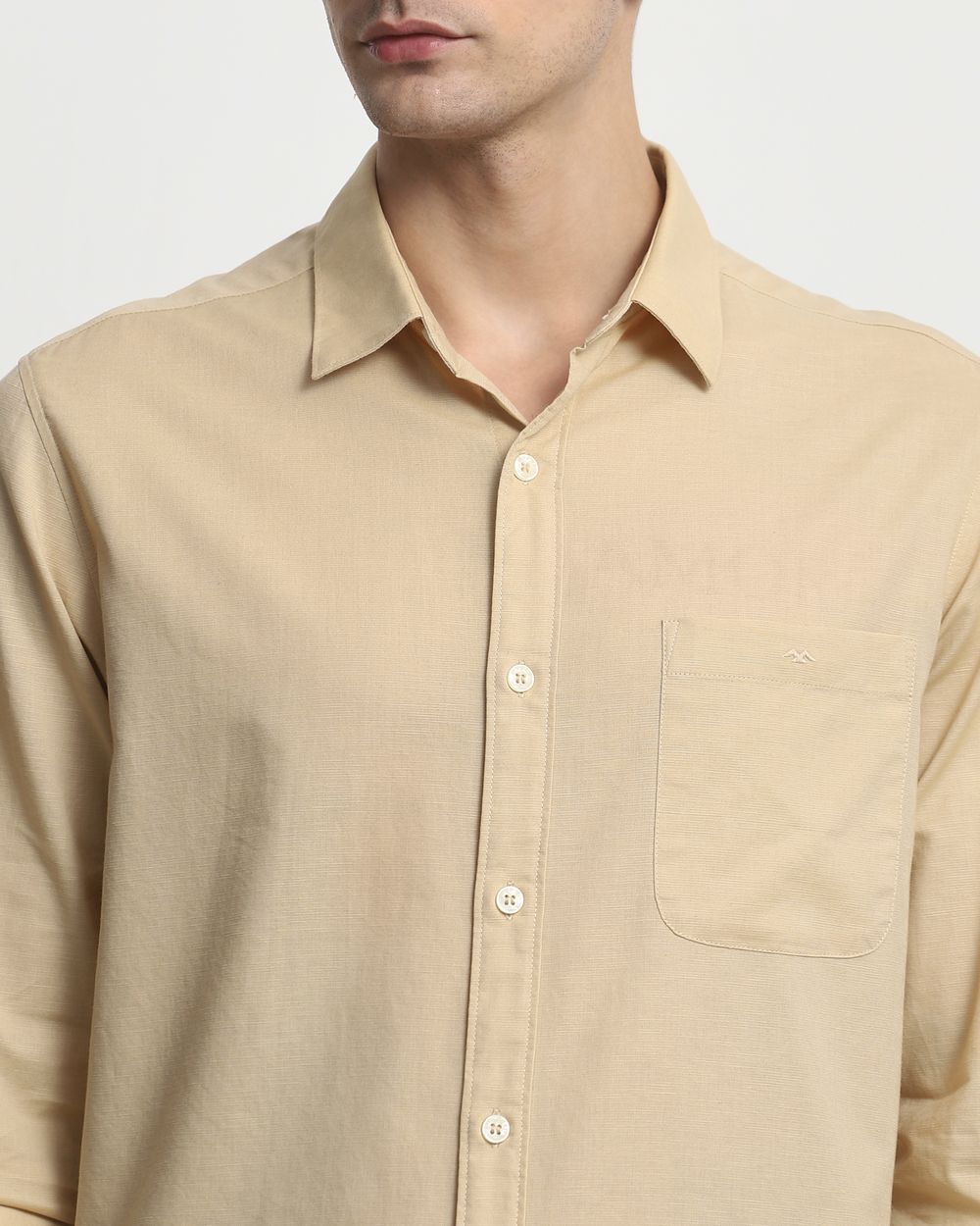 Beige Cotton Linen Plain Slim Fit Casual Shirt