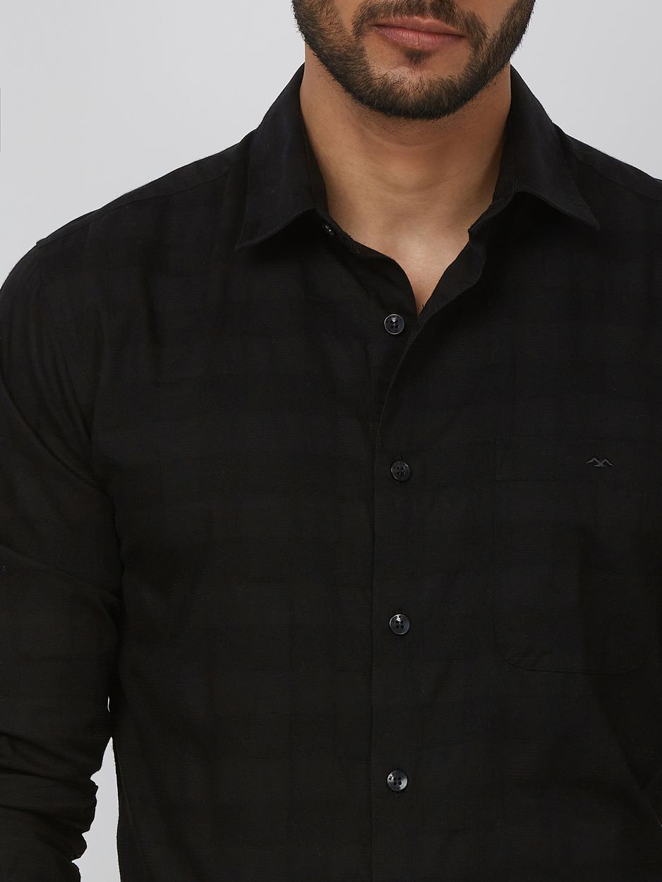 Black Textured Check Slim Fit Casual Shirt