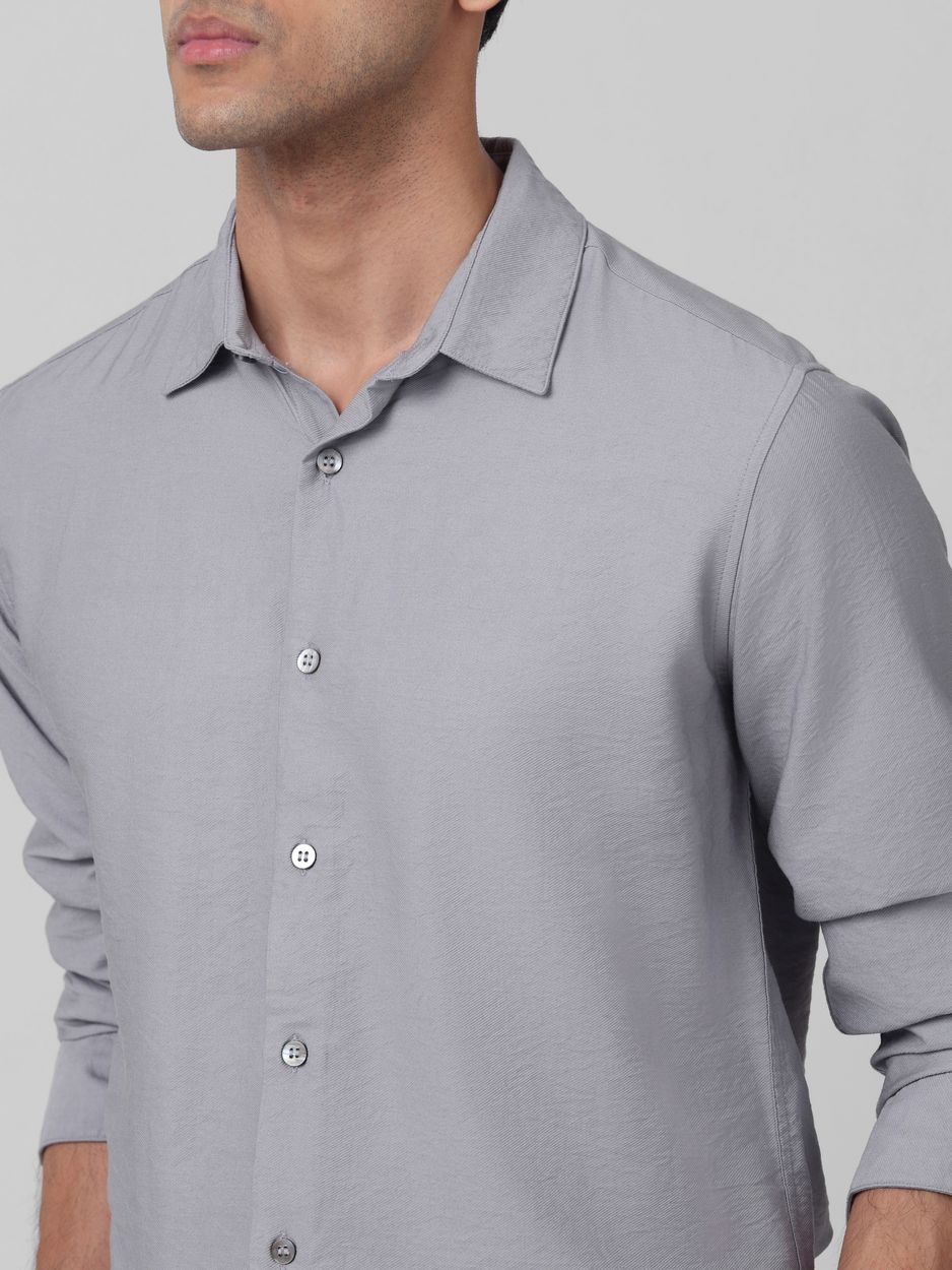 Grey Textured Plain Slim Fit Casual Shirt
