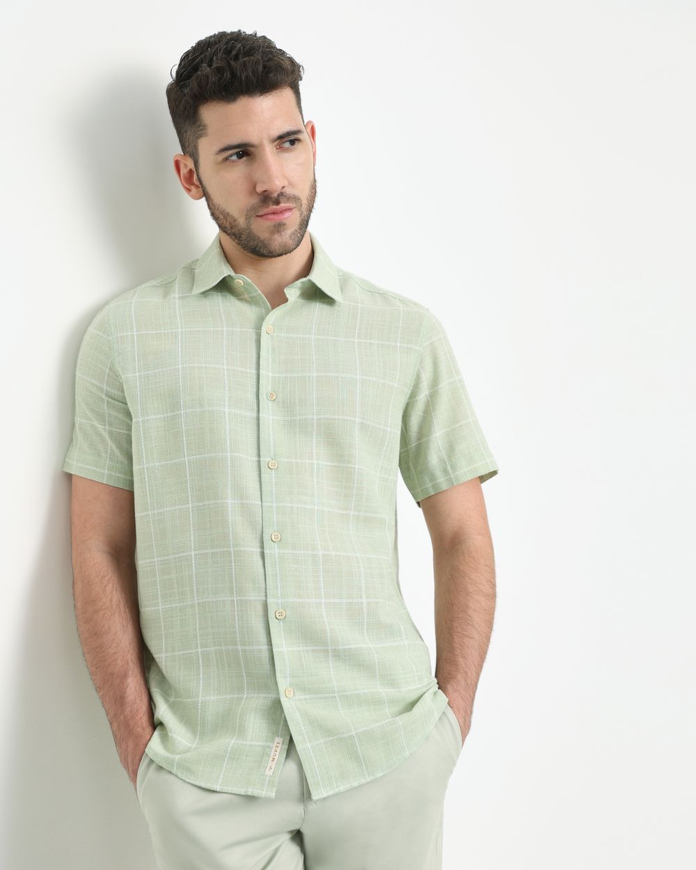 Light Green Textured Check Slim Fit Casual Shirt
