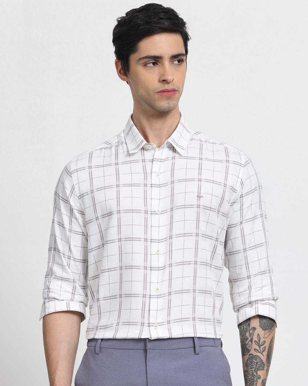 White Square Check Slim Fit Casual Shirt