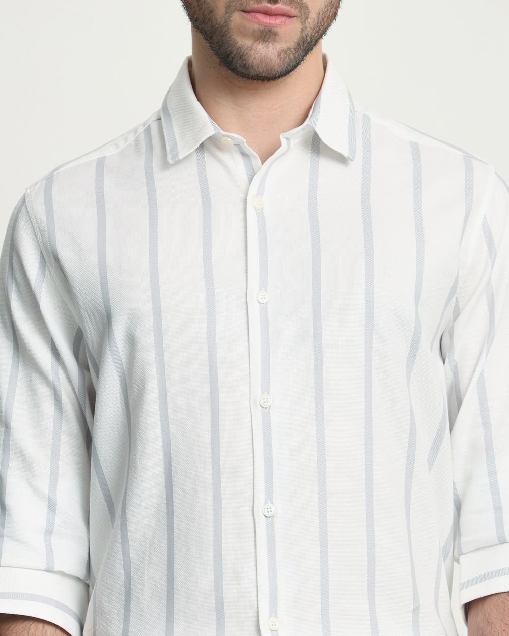 White Textured Stripe Slim Fit Casual Shirt