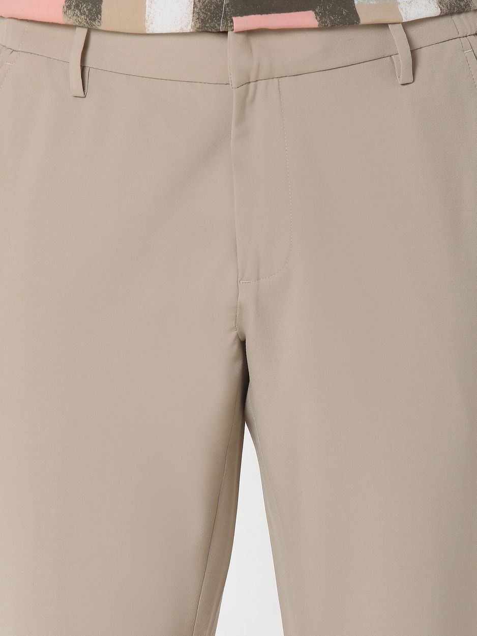 Beige Ankle Length Stretch Chinos