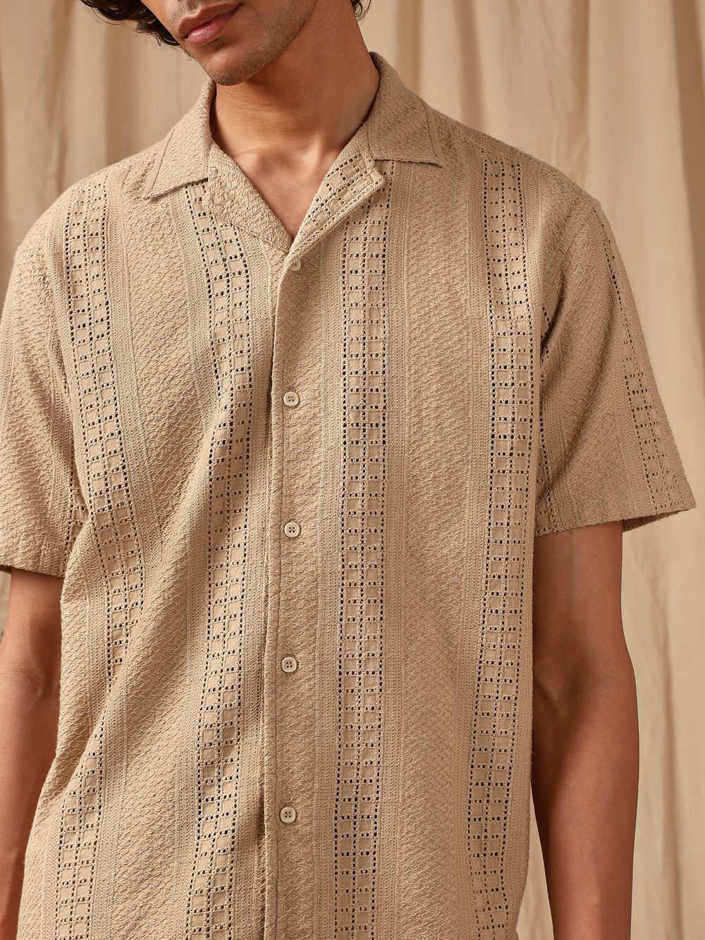 Light Khaki Embroidered Plain Loose Fit Casual Shirt