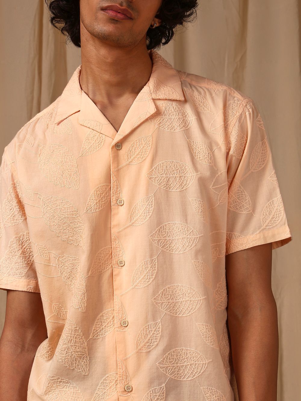 Peach Embroidered Plain Loose Fit Casual Shirt