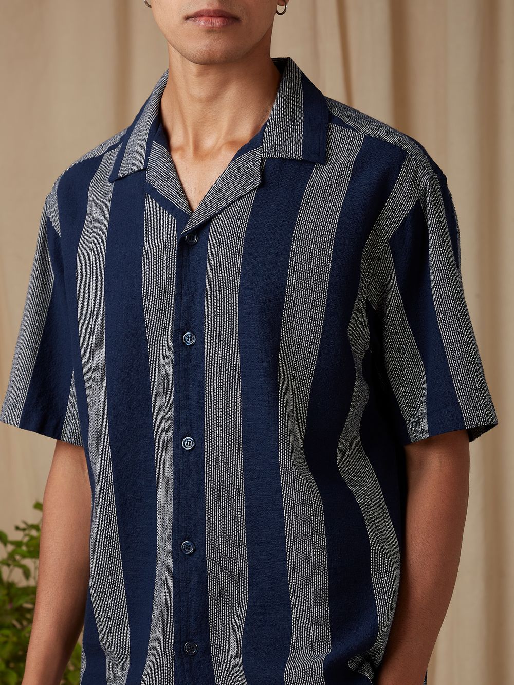 Navy Awning Stripe Loose Fit Casual Shirt