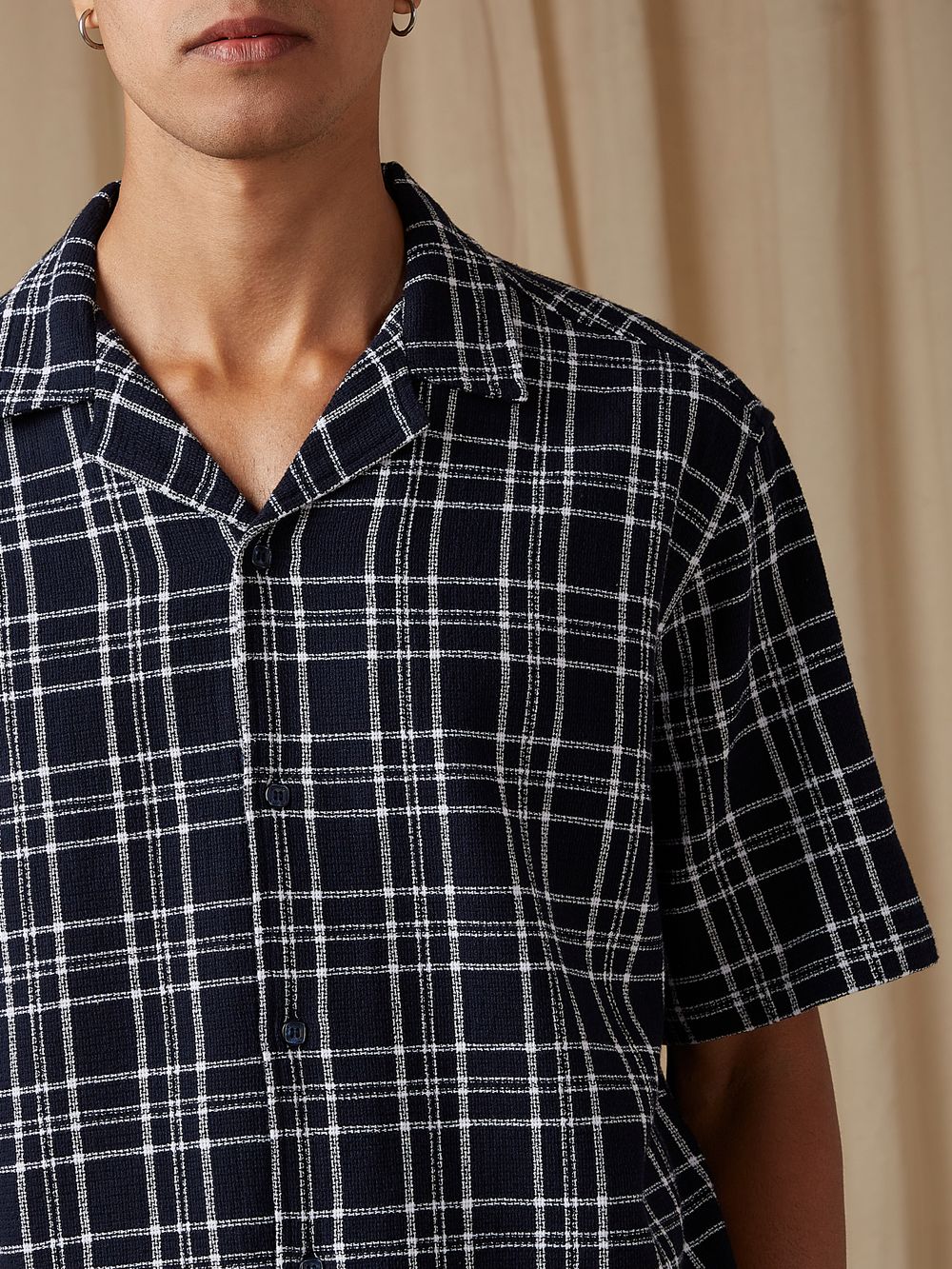 Navy Large Check Loose Fit Casual Shirt