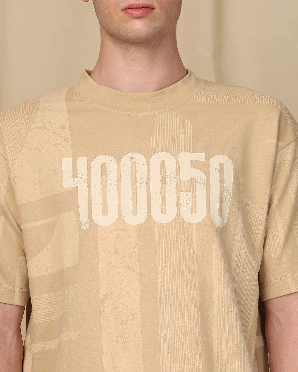 Beige Printed Oversized Tee